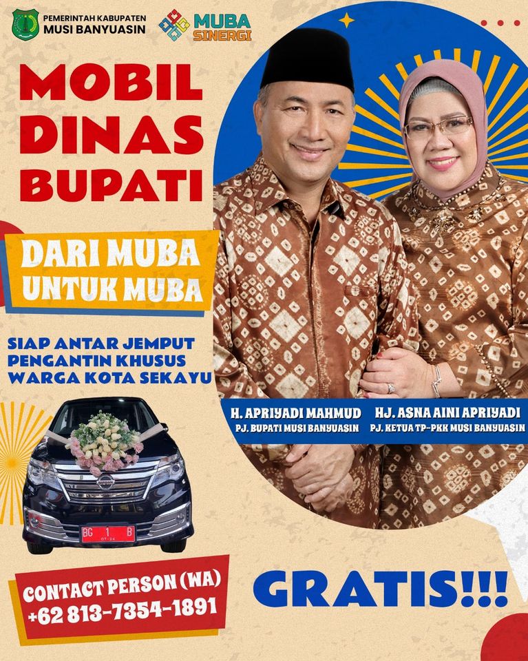 Pengantin di Sekayu Bisa Pakai Mobil Dinas Bupati, Sopir dan BBM Disediakan Gratis